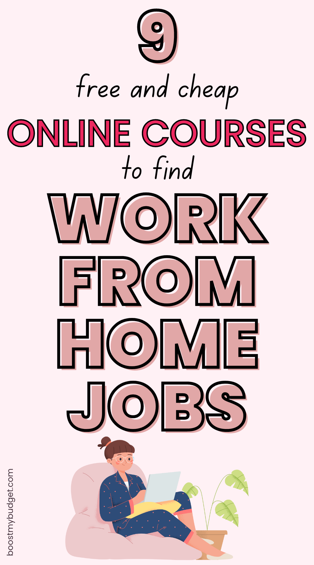 9 free and cheap online courses to find work from home jobs. Illustration of a person sitting on a chair working on a laptop with a plant beside them. Dive into these free work from home courses designed to kickstart your remote career journey.